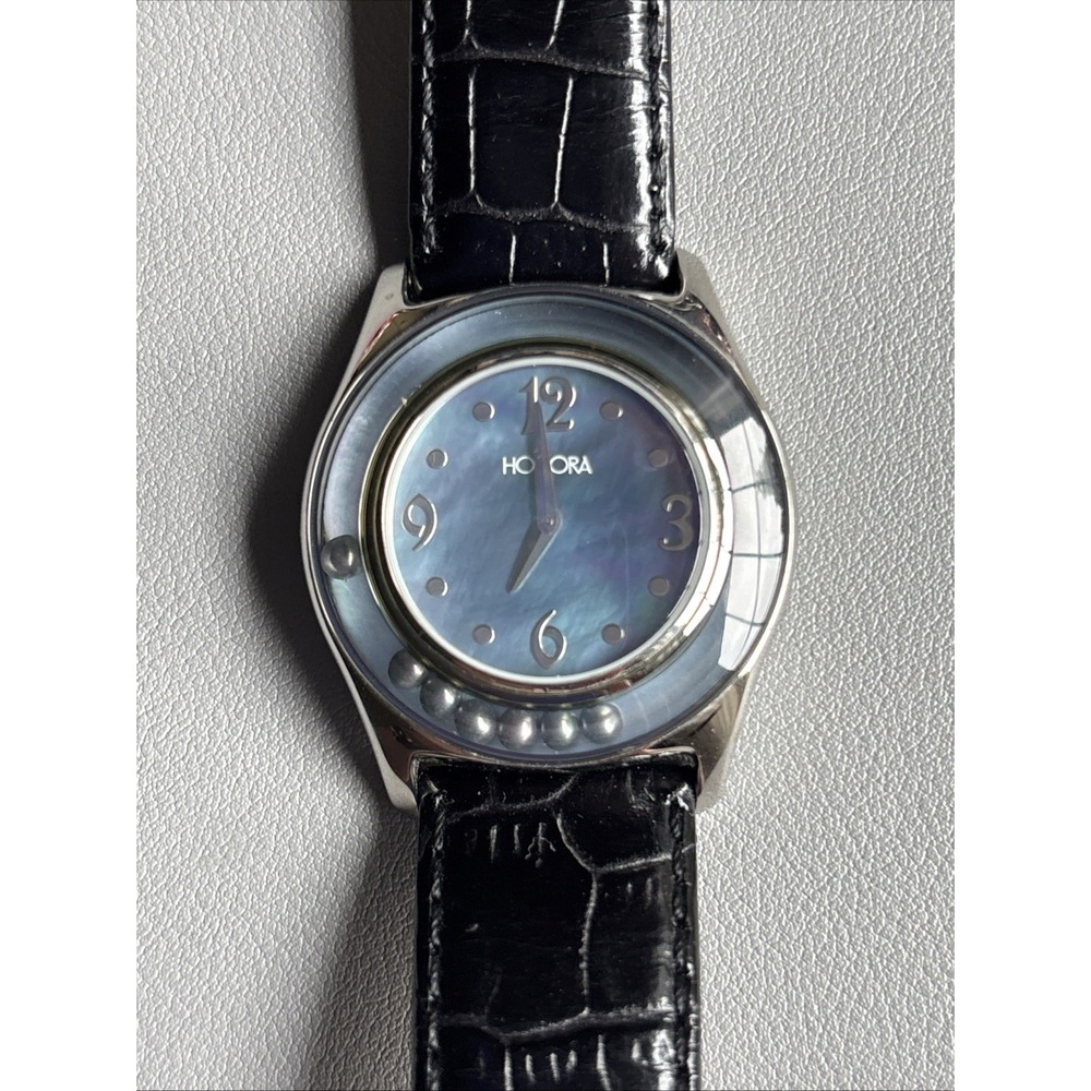 HONORA Black Leather Mother of Pearl Floating Pearl Women's Watch Needs Battery